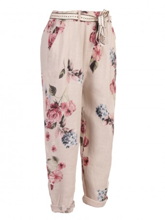 Italian Floral Print Belted Linen Trouser