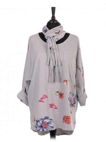 Italian Floral Print Dip Hem  Batwing Top With Front Pocket And Scarf