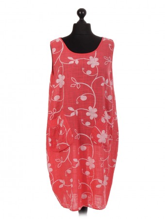 Italian Floral Print Lagenlook Dress With Diagonal Pockets