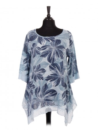 Italian Floral Print Tunic Top With Lace Detail