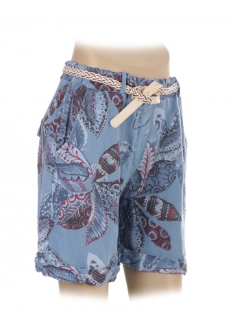 Italian Flower Print Linen Shorts With Side Pockets and Waist Belt