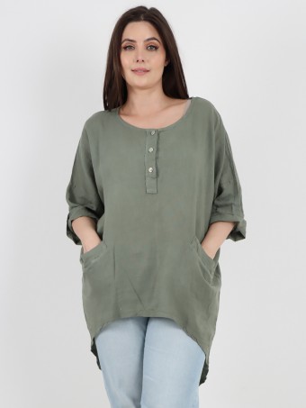 Italian Front Button Panel Detail Linen Dip Hem Top