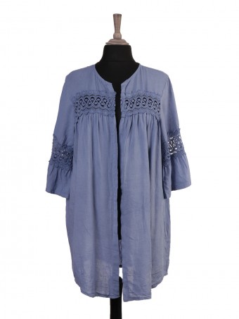 Italian Front Open Lace Detail Linen Cardigan