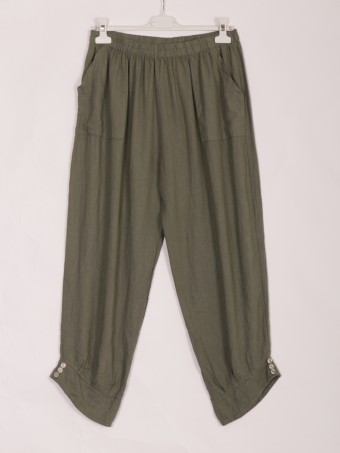 Italian Front Pockets Detail Linen Trousers With Button Detail Hem