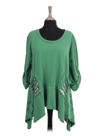 Italian Glittery Trim Tunic Top With Sequin Pockets