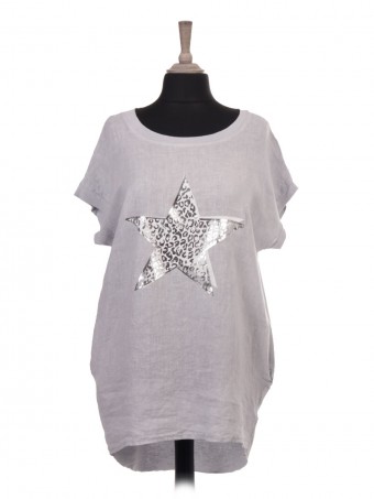 Italian Glossy Leopard Print Star Dip Hem Linen Top