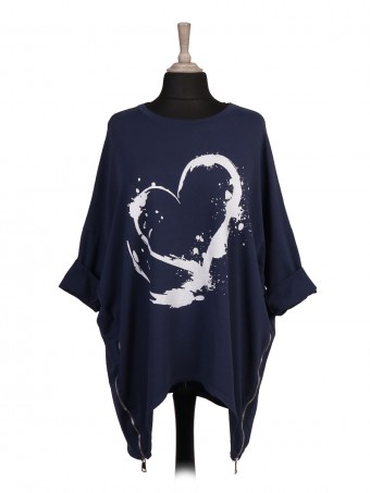 Italian Heart Print Dip Hem Top With Side Zip Detail
