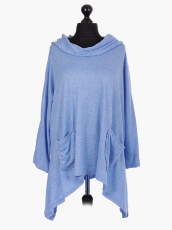 Italian Hooded Cowl Neck Tunic Top With Front Pocket