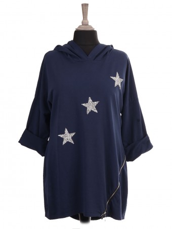 Italian Hooded Diamante Stars Top With Side Zip Detail