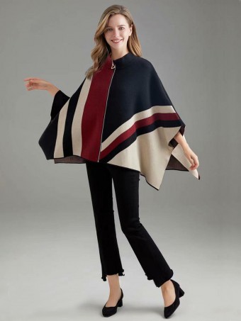 Italian Knitted Cape With Front Zip And Side Button Detail