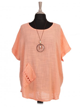 Italian Lace Detail Front Pocket Batwing Top with Necklace