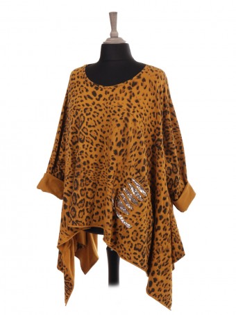 Italian Leopard Print Batwing Tunic Top With Front Sequin Pocket