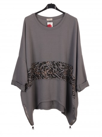 Italian Leopard Print Panel Tunic Top With Side Zip Detail