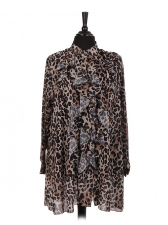 Italian Leopard Print Ruffle Blouse With Front Button Fastening