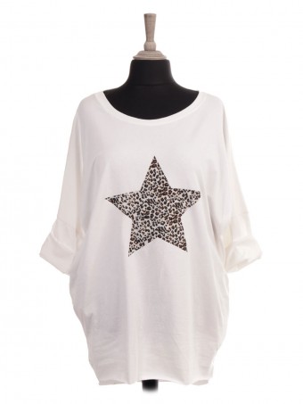 Italian Leopard Print Star Dip Hem Batwing Top