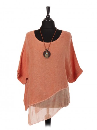 Italian Linen Asymmetric Chiffon Hem Batwing Top with Necklace