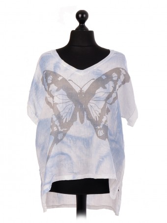 Italian Linen Butterfly Print Dim Hem Batwing Top