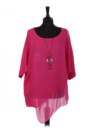 Italian Linen Asymmetric Chiffon Hem Top With Necklace