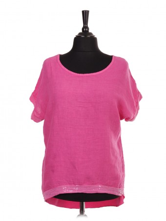 Italian Linen Dip hem Top With Sequin Detail Sleeves & Hem