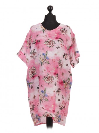 Italian Linen Floral Print Dip Hem Dress 