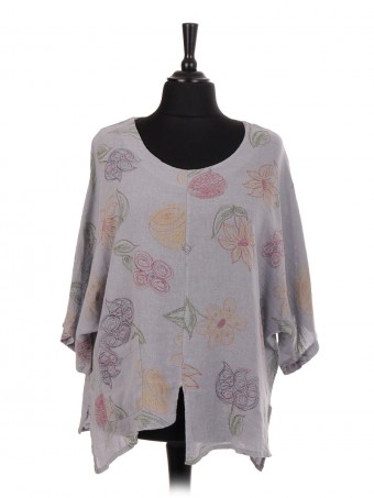 Italian Linen Floral Print Split Hem Batwing Top