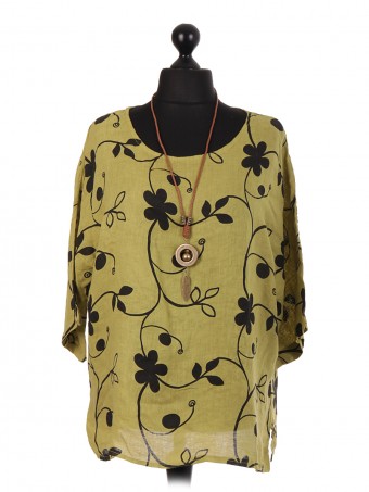 Italian Linen Floral Print Top With Necklace