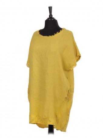 Italian Linen Lace Panel Lagenlook Dress With Back Split mustard