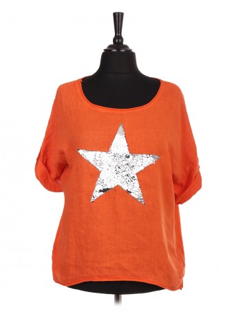 Italian Linen Sequin Star Dip Hem Top