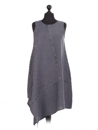 Italian Linen Stripe Asymmetric Cut  Sleeveless Dress