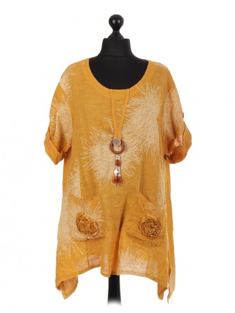 Italian Linen Tunic Top With Applique Floral Pockets