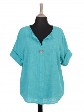 Italian Notch Neck Front Button Detail Cotton Top