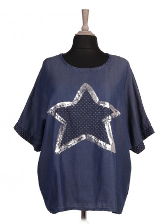 Italian Perforated And Glossy Star Chambray Top