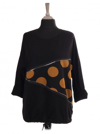 Italian Polka Dot Drawstring Hem Top With Zip Detail