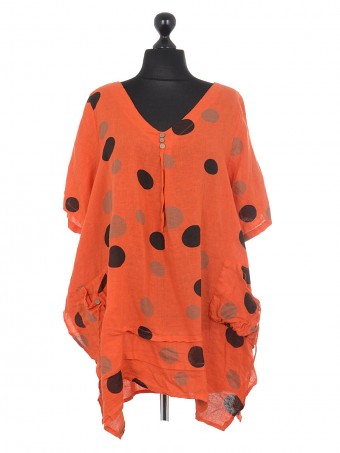 Italian Polka Dot Front Pocket Linen Tunic Top