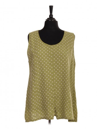 Italian Linen Polka Dot Print Sleeveless Top With Split Hem