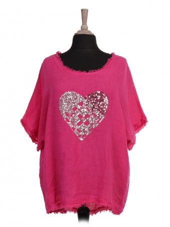 Italian Raw Edge Sequin Heart Linen Dip Hem Top