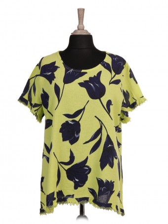 Italian Raw Edge Tulip Print Linen Top