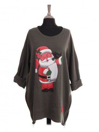 Italian Red Label Santa Print Sweat Top With Side Zip Detail