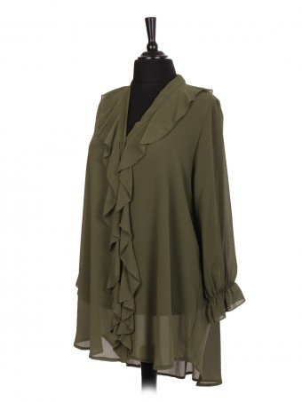 Italian Ruffled Blouse With Front Button Panel And Elasticated Sleeves