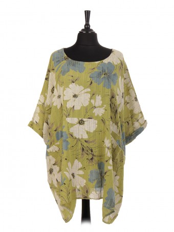 Italian Linen Floral print Batwing Top With Pockets