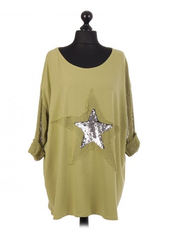 Italian Sequin Star Cotton Top With Fish Net Sleeves