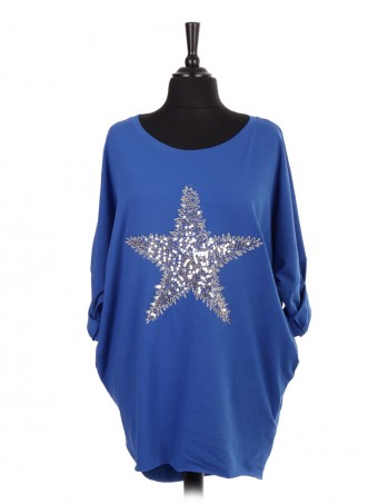 Italian Sequin Star Dip Hem Batwing Top With Side Pockets