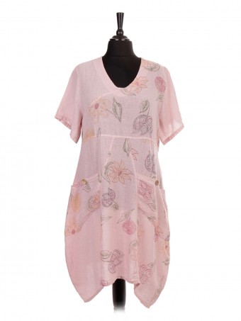 Italian Short Sleeve Linen Floral Lagenlook Dress with Pockets