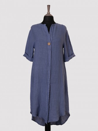 Italian Short Sleeves Button Detail Dip Hem Lagenlook Linen Dress