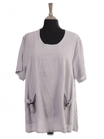 Italian Short Sleeves Linen Top With Front Pockets