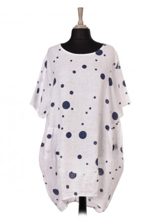 Plus Size Italian Short Sleeves Polka Dot Lagenlook Linen Dress