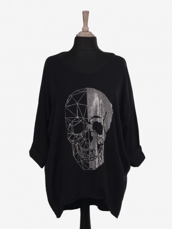 Italian Skull Diamante Dip Hem Top