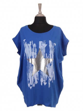 Italian Sleeveless Glossy Star And Brush Stroke Print Batwing Top