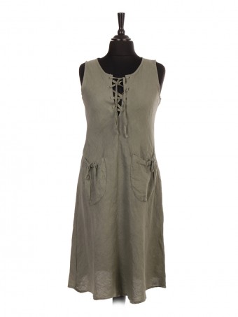 Italian Sleeveless Lagenlook Linen Dress With Elasticated Front Pockets