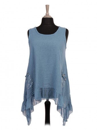 Italian Sleeveless Silk Hem Tunic Top With Sequin Pockets